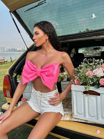 2023 mujeres sexy dulce caliente Rave Rosa lazo grande PU cuero sin tirantes frente Crop Tube Top Patry Club traje