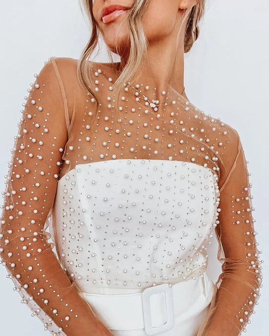 Mujer Estilo Carnaval Perlas Con Cuentas Detalle De Diamantes De Imitación Malla Transparente Crop Clubwear Cover Up Top Sin Sujetador