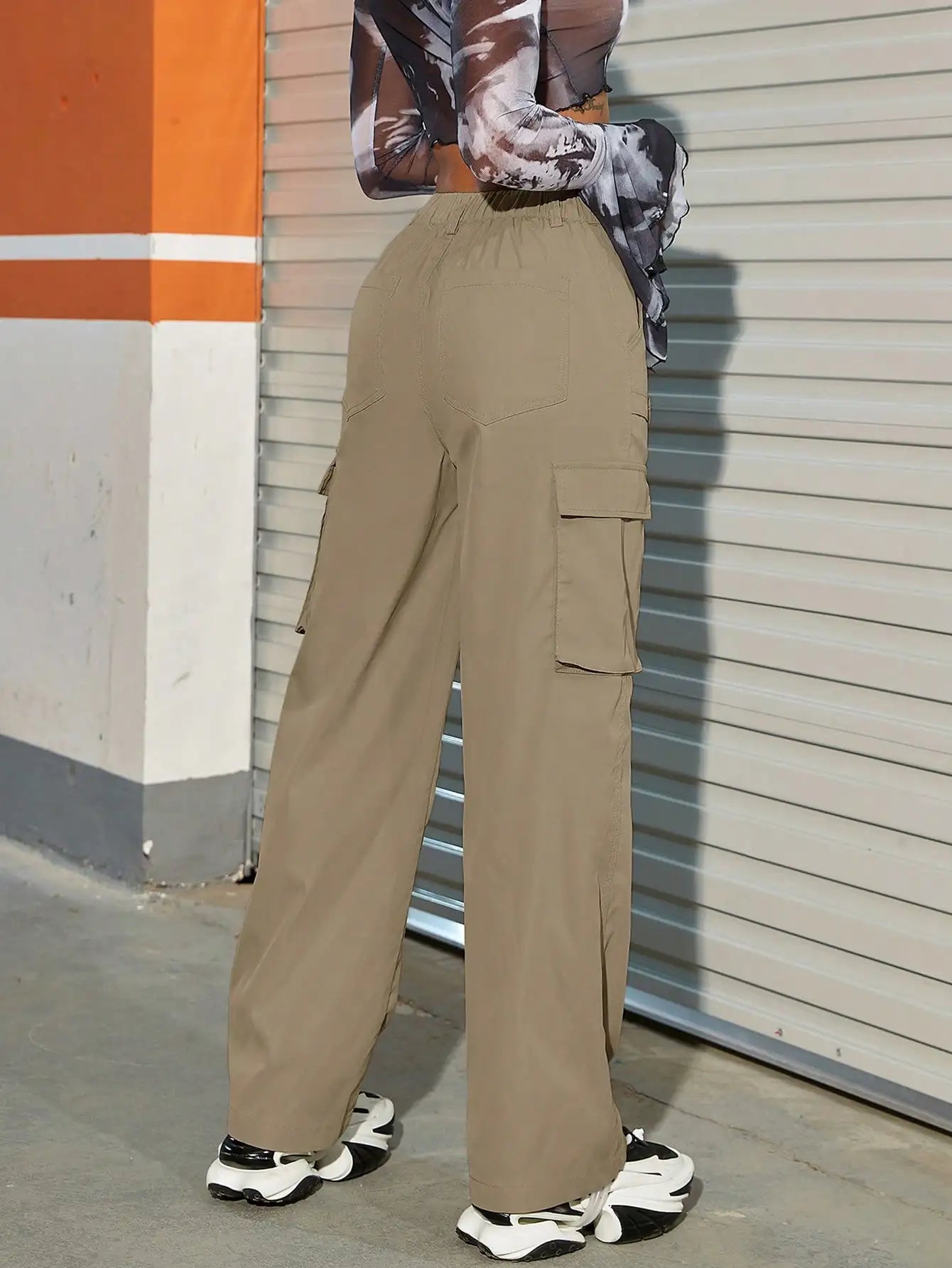 Pantalon Cargo avec poches latérales à rabat pour femmes, Baggy à jambes larges, pantalon de survêtement Hip Hop, taille haute décontractée, pantalon Parachute