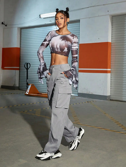 Women Fashion Flap Pocket Side Cargo Pants BF Baggy Wide Leg Hip Hop Sweatpants High Waist Casual Parachute Pants Mujer