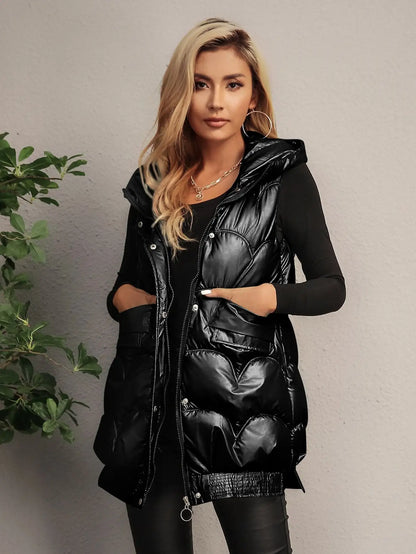 2023 Fashion Autumn And Winter Sleeveless Patent Hooded Front Zipper  Button Details Solid Puffer Coat Outdoor Warm Clothing