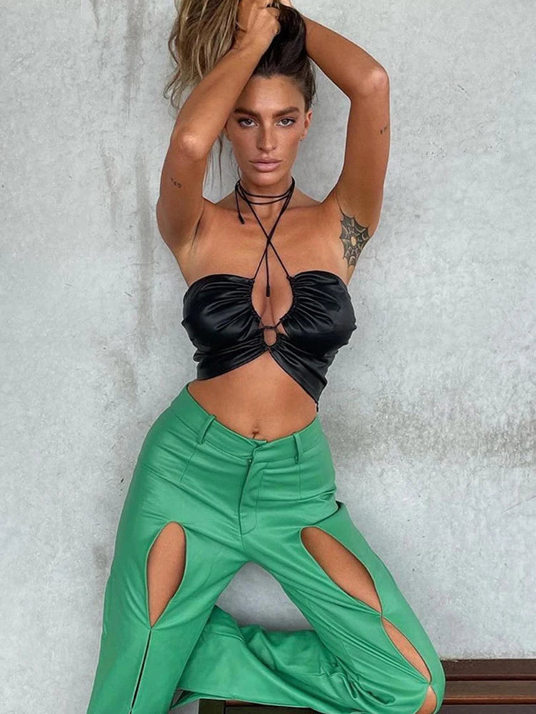 Cryptographic PU Leather Bandage Cut Out Camis Crop Tops for Women Sexy Sleeveless Backless Rave Festival Top Cropped Streetwear