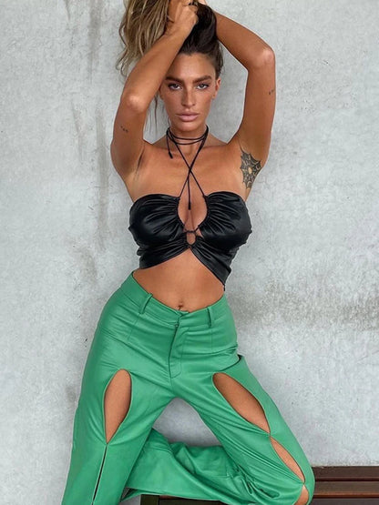 Cryptographic PU Leather Bandage Cut Out Camis Crop Tops for Women Sexy Sleeveless Backless Rave Festival Top Cropped Streetwear