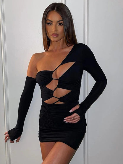 Cryptographic Chic Fashion Long Sleeve Cut Out Bandage Mini Dress Outfits for Women Hot Sexy Club Party Dresses Bodycon Clothes