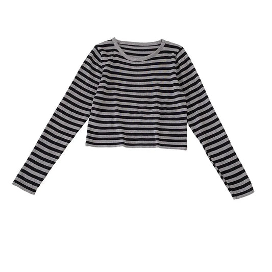 Autumn new style Korean striped hit color long-sleeved short section casual bottoming t-shirt