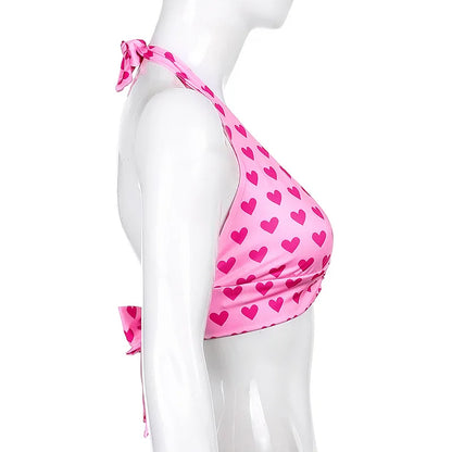 Top corto con cuello halter y tirantes de cuello en V sexy con hebilla de metal con estampado de corazón de amor para mujer