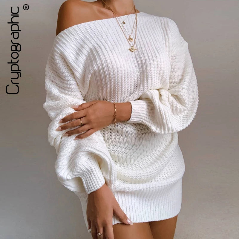 Cryptographic Casual Knitted Mini Dress Women Autumn Winter Sweaters Balloon Long Sleeve Knitwear Women's Dresses Loose Jersey