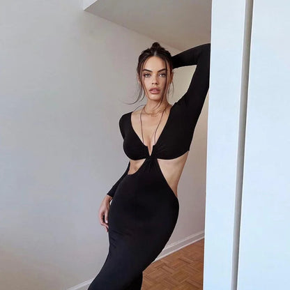 Cryptographic Autumn Long Sleeve Halter Sexy Cut Out Black Maxi Dresses Slim Fashion Outfits Split Long Dresses Skinny Clothes