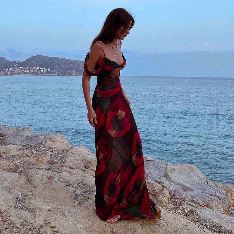 Robe Maxi en maille transparente pour femmes, imprimé cryptographique, transparente, Sexy, Slip, vacances d'été, sans manches, robes de soirée en Club, élégantes