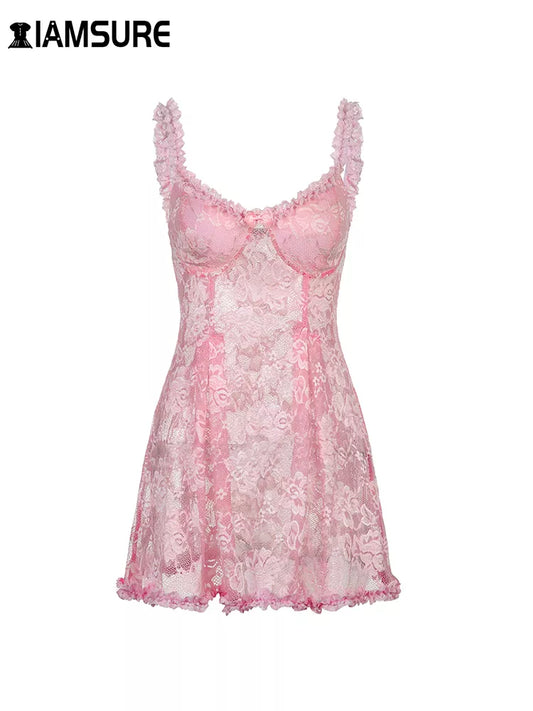 IAMSURE – robe caraco en dentelle transparente, douce et mignonne, Sexy, Slim, sans manches, à volants, avec nœud, ligne a, Mini robes pour femmes, été, printemps