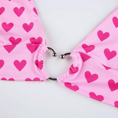 Top corto con cuello halter y tirantes de cuello en V sexy con hebilla de metal con estampado de corazón de amor para mujer