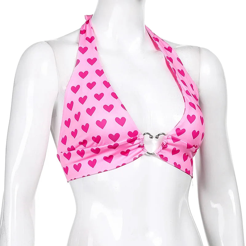 Top corto con cuello halter y tirantes de cuello en V sexy con hebilla de metal con estampado de corazón de amor para mujer