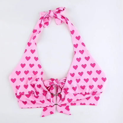 Top corto con cuello halter y tirantes de cuello en V sexy con hebilla de metal con estampado de corazón de amor para mujer