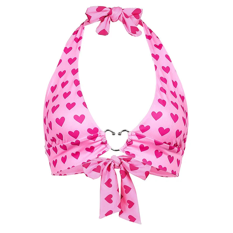 Top corto con cuello halter y tirantes de cuello en V sexy con hebilla de metal con estampado de corazón de amor para mujer