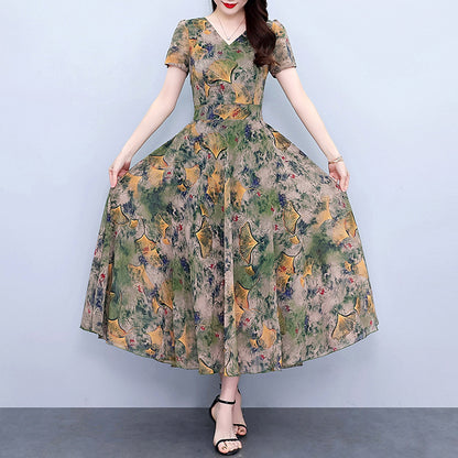 Spring And Autumn Chiffon Floral Dress Plus Size