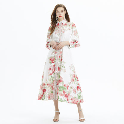 Vacation Style Blouse Collar Floral Print Long Sleeve Waist Single Breasted Ruffled Long Dress