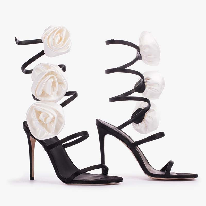 Lace-up Stiletto Heel Round Toe Flower Decorative Women's Sandals