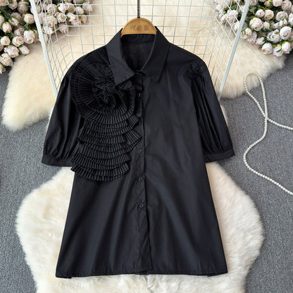 Heavy Industry Three-dimensional Flower Lapel Pleated Slim Top