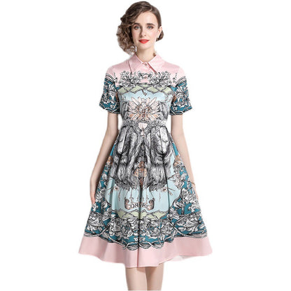 Shirt Collar Waist Three-dimensional Fluffy A- Line Pleated Hem Floral Print Dress