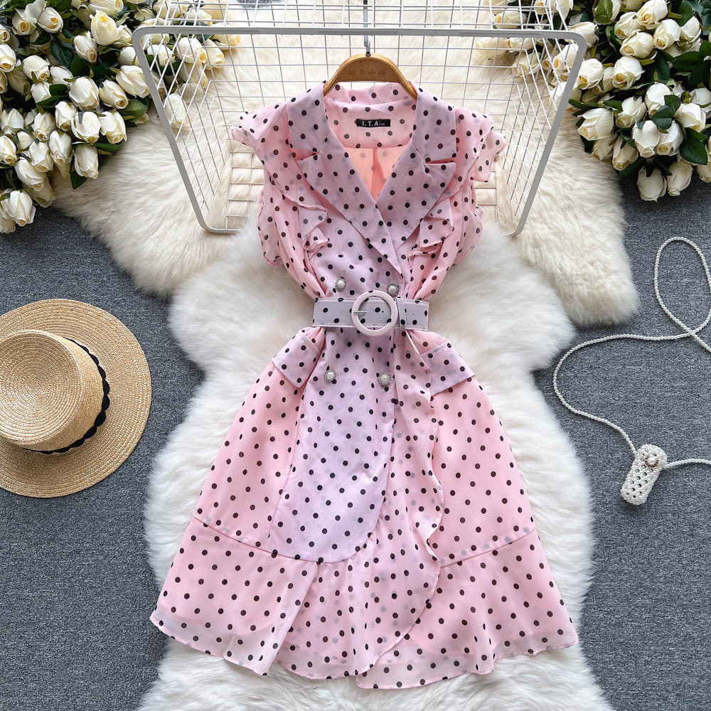 Cold Style Suit Collar Polka Dot Dress