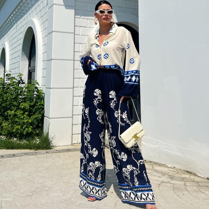 Conjunto de dos piezas con pantalones de pierna ancha y top de manga larga sueltos estampados a la moda para mujer