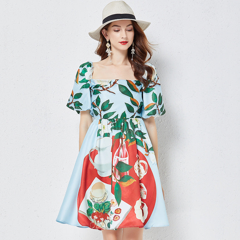 Positioning Printed Square Collar Stereo Puff Sleeve Dress