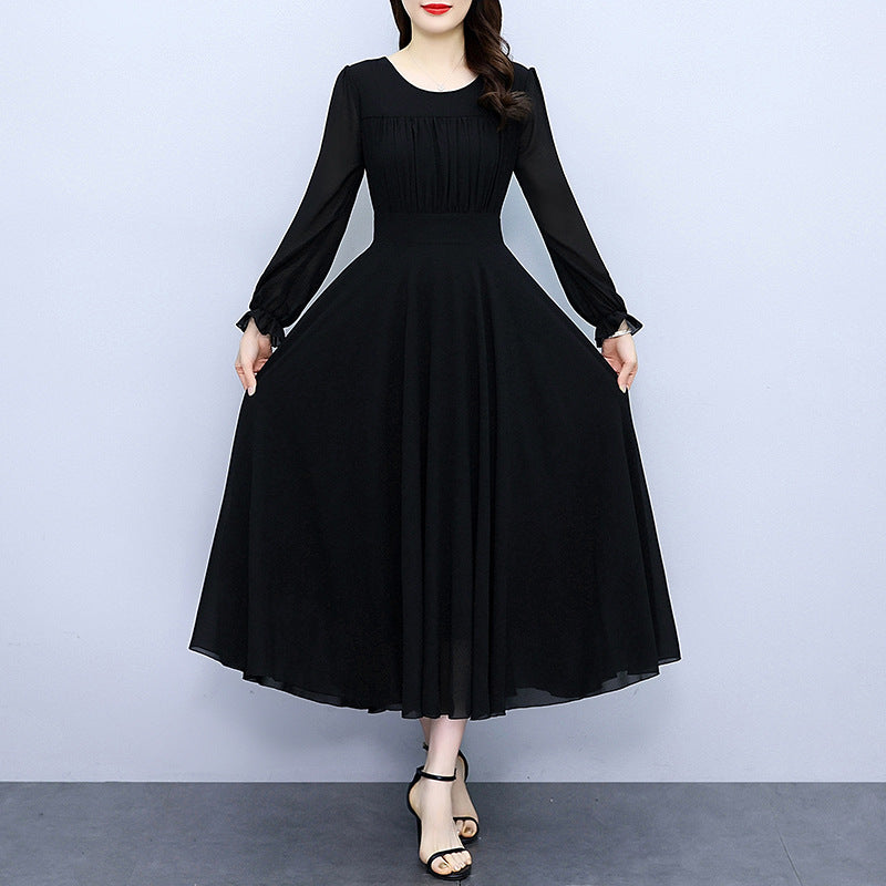 Organ Pleat Solid Color Wide Hem Slim Fit Slimming Long Sleeves Dress