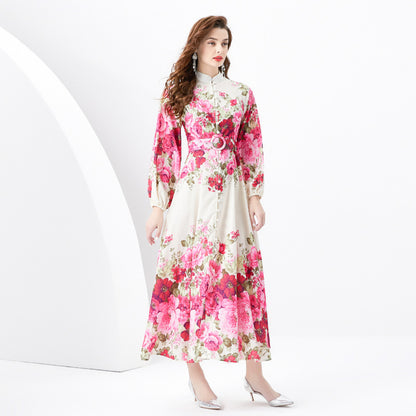 Retro Stand Collar Single-breasted Printed Wide Swing Long Dress