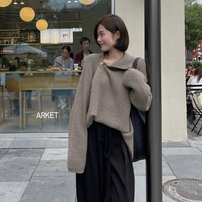 Cardigan tricoté à fermeture éclair latérale, pull ample épais en chameau