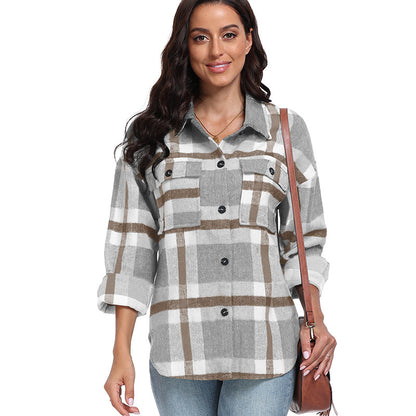 Femme Manches Longues Rayé Plaid Manches Longues