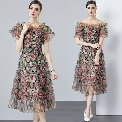 Mesh Blooming Printing Fungus Dress