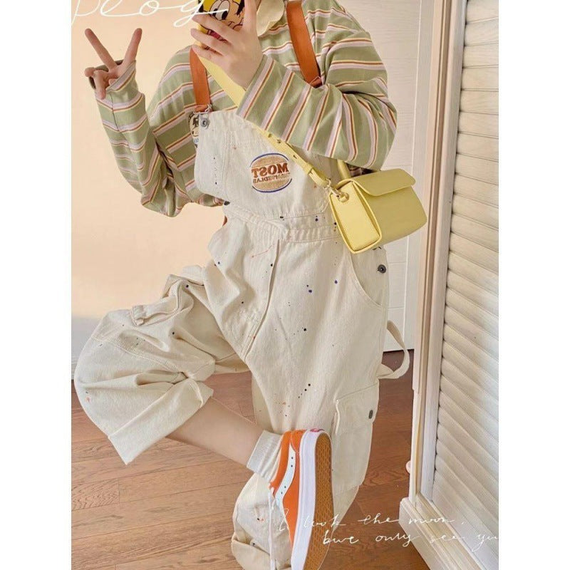 Fashion Brand Embroidery Splash-ink Khaki Denim Suspender Pants For Women