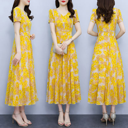 Spring And Autumn Chiffon Floral Dress Plus Size