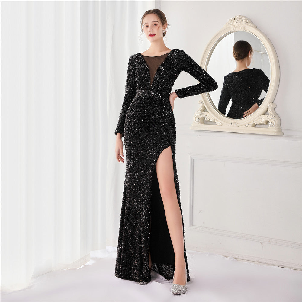 Banquet Temperament Long Sleeve Sequined Atmosphere Queen Fishtail Evening Dress