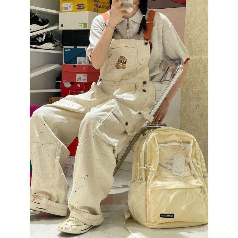 Fashion Brand Embroidery Splash-ink Khaki Denim Suspender Pants For Women