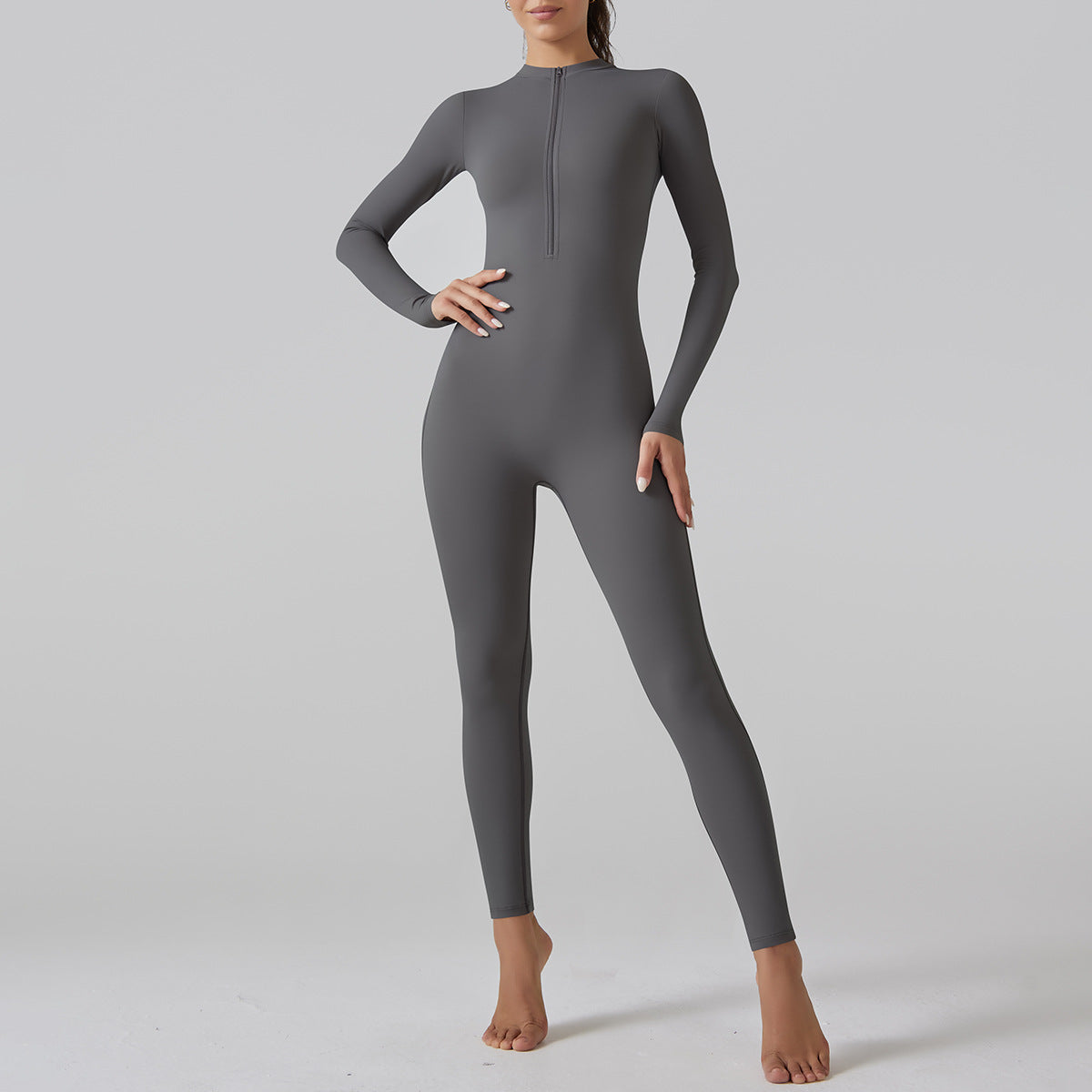 Combinaison longue skinny à fermeture éclair semi-ouverte pour femme