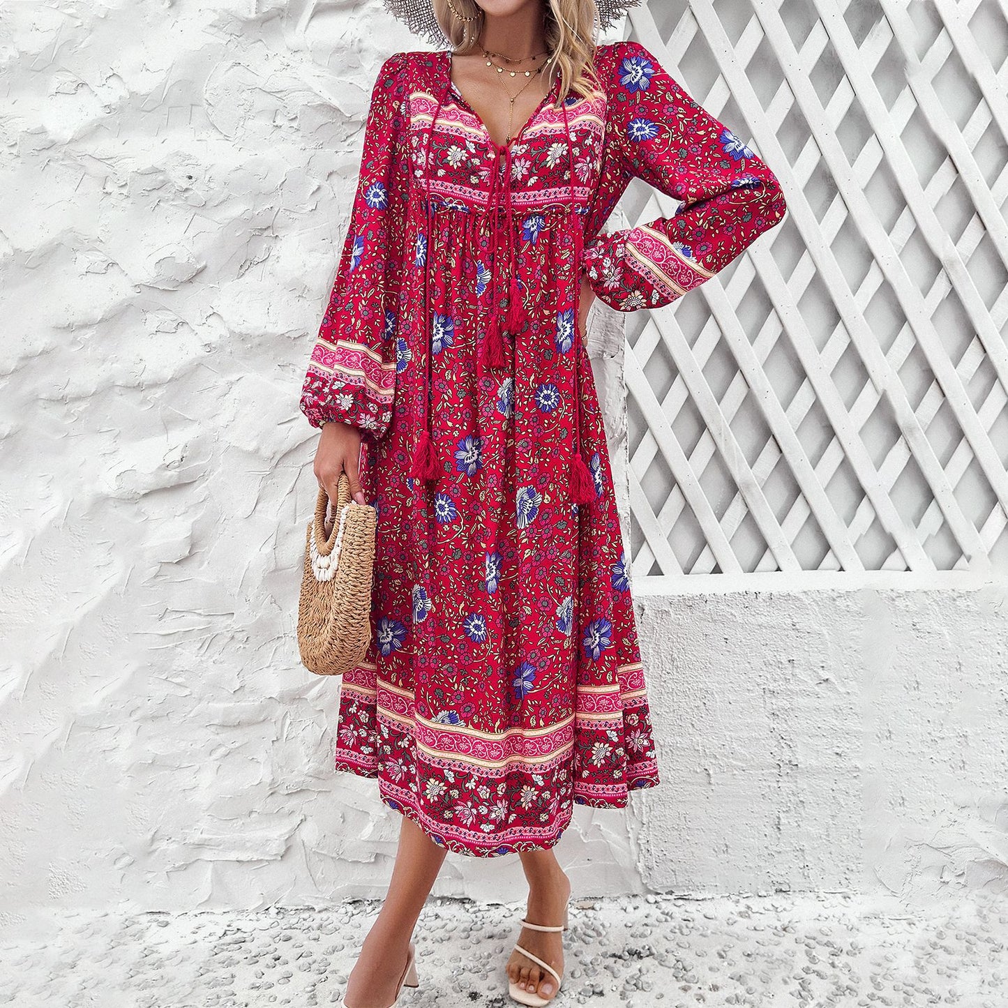 Vestido de manga larga con estampado floral festivo para mujer