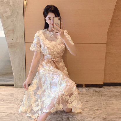 French Style Temperament Apricot Flowers Dress