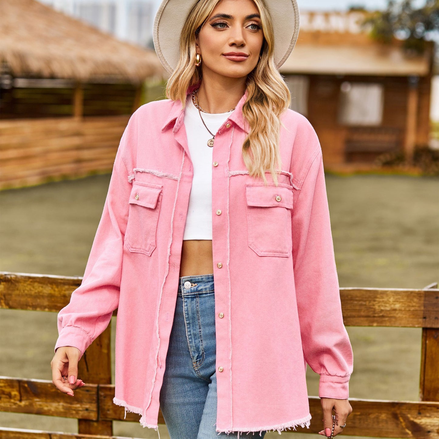 Camisa casual con top con borlas lavadas y esmeriladas de mezclilla para mujer