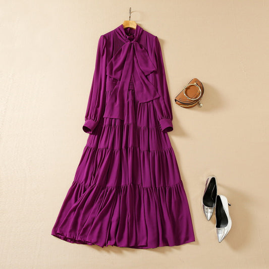 Tie-neck Heavy Industry Spokes Long Sleeve Chiffon Dress