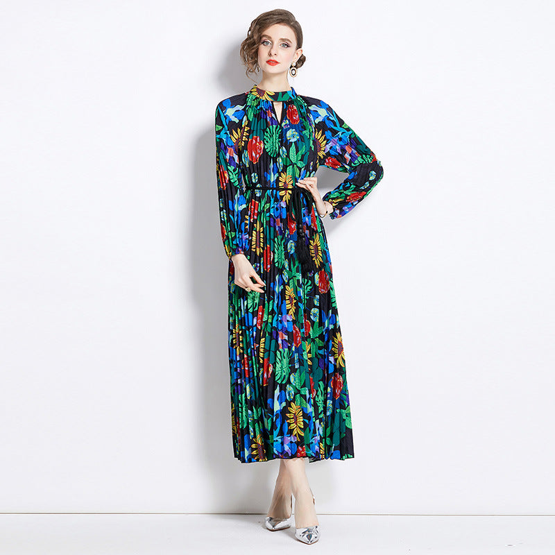 Printed Lantern Sleeve Pleated Tassel Belt Dress