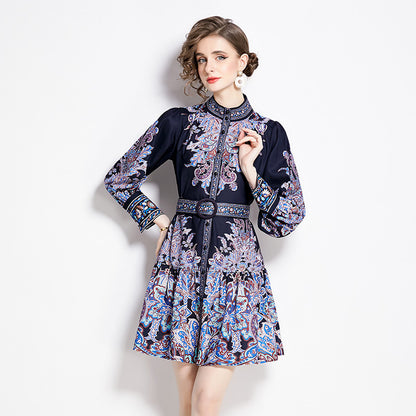 Stitching Printing Slimming Long Sleeves Retro Mid-length Dress