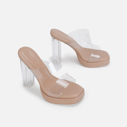 Sandalias de tacón alto con tiras en el tobillo para mujer, zapatos de tacón grueso con cristales transparentes para uso exterior