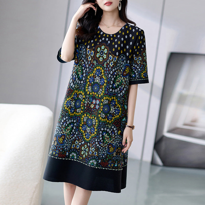 Pleated Print Rhinestone Dress Loose Plus Size