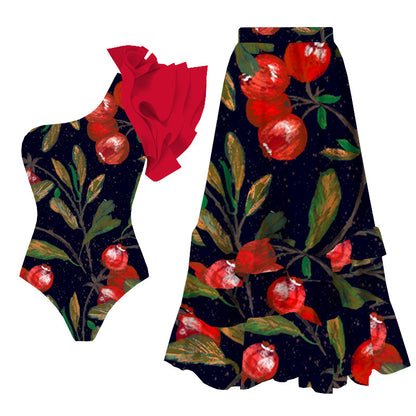 Red Printed Diagonal One-piece Swimsuit For Women