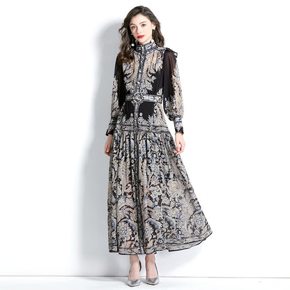 Stand-up Collar Puff Sleeve Wave Edge Printed Temperament Ankle Super Long Dress