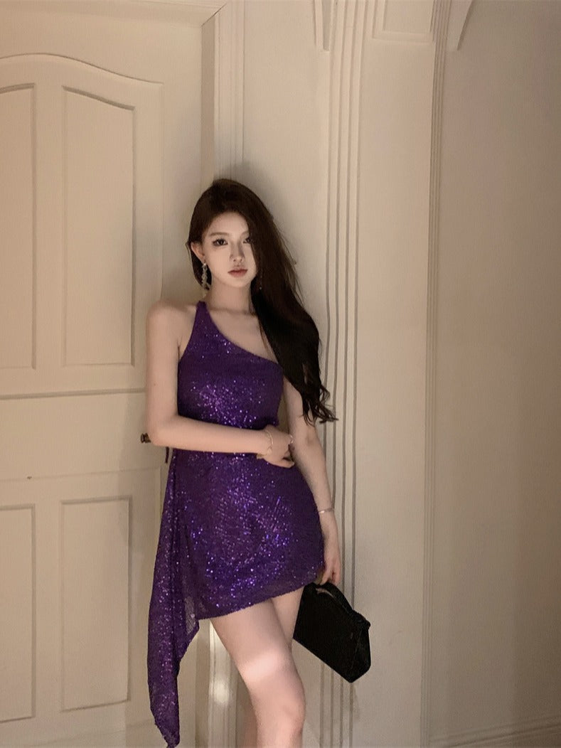 Purple Sequins Thin And Glittering Backless Irregular Hem Dress