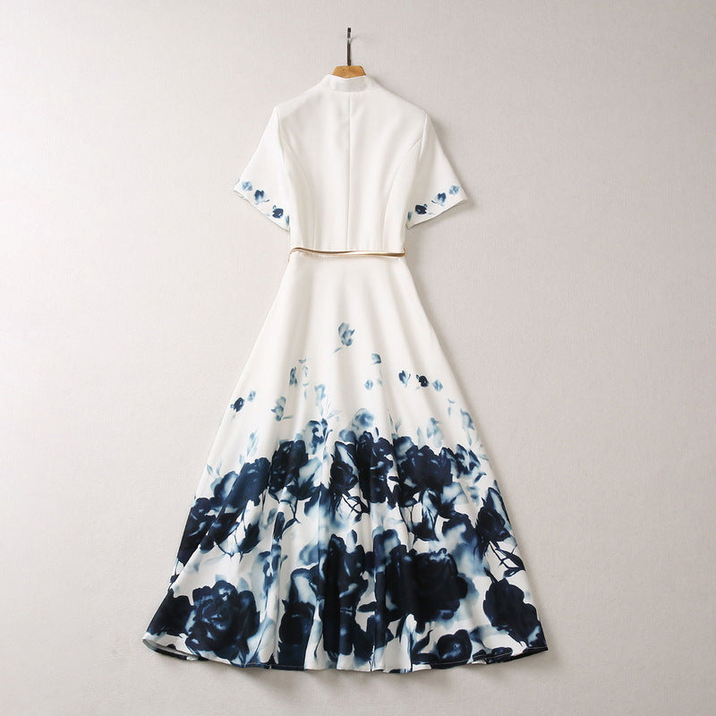 Gold Buckle Belt V-neck Ink Printing Short Sleeve Dress