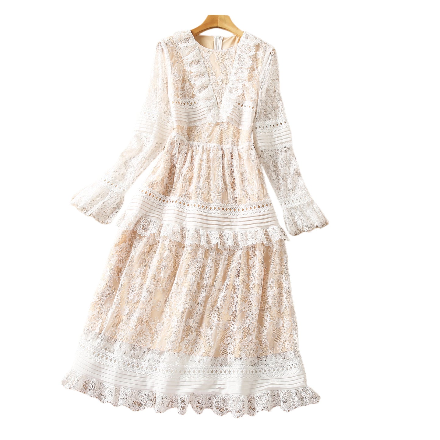 Pleated Stitching Lace Long Sleeve Dress