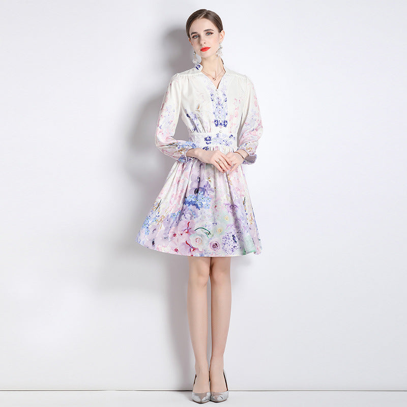 Elegant V-neck Vintage Floral Print Long Sleeves Dress Spring